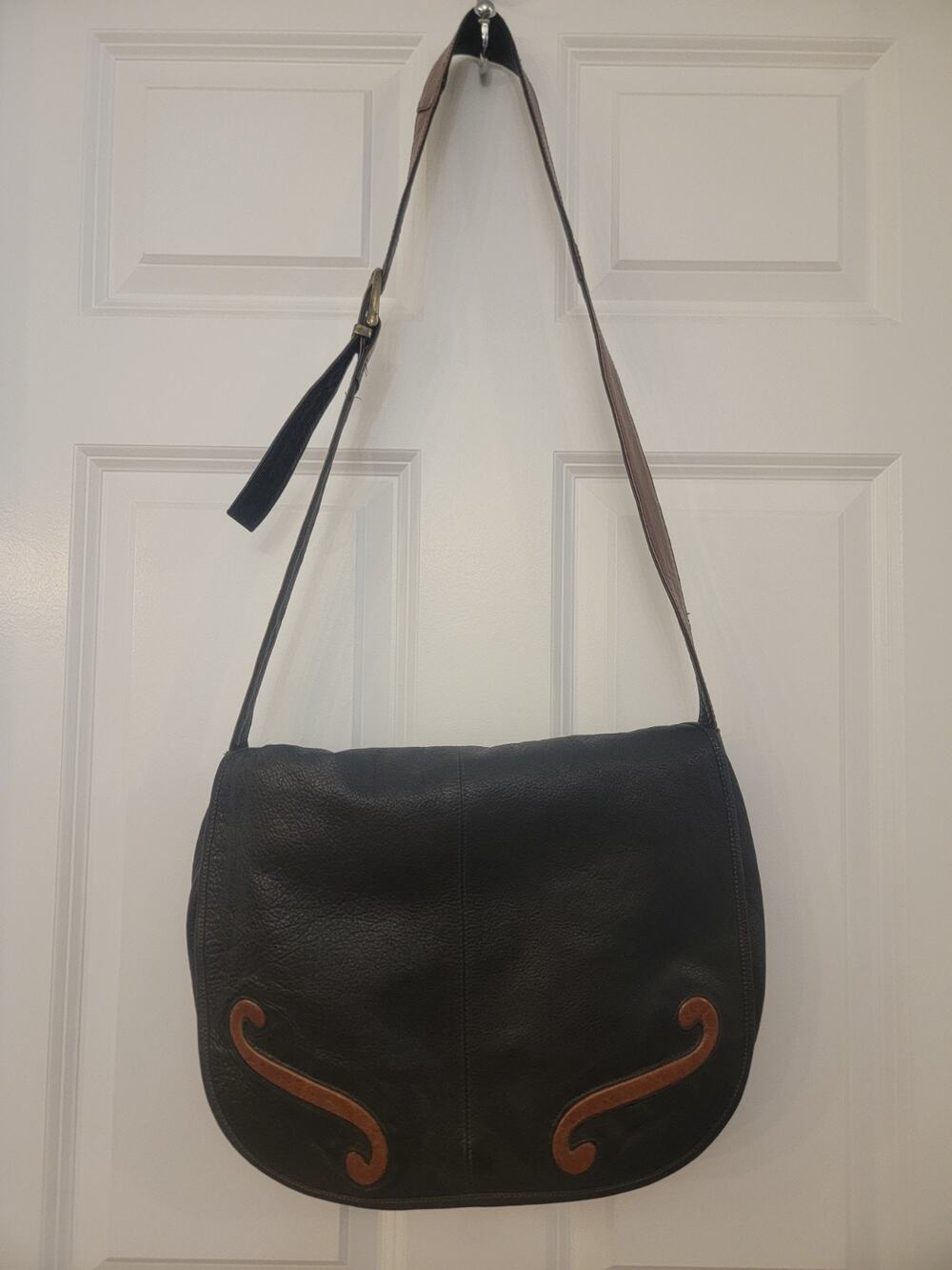 Tribeca Leather Purse Handbag Crossbody Black Brown Strap Brass Buckle Slouchy